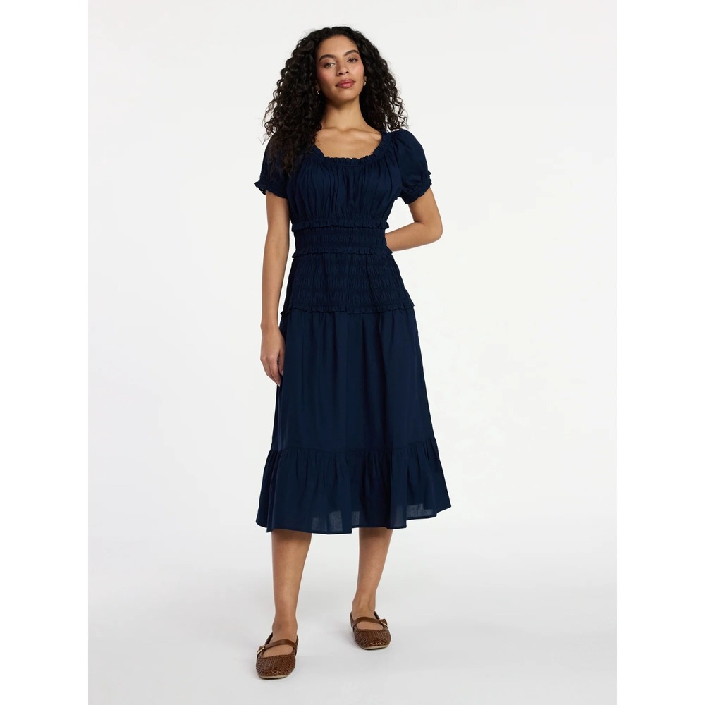 Time & Tru Women's Short Sleeve Peasant Cotton Panel Maxi Dress L Blue NWT - Picture 2 of 6